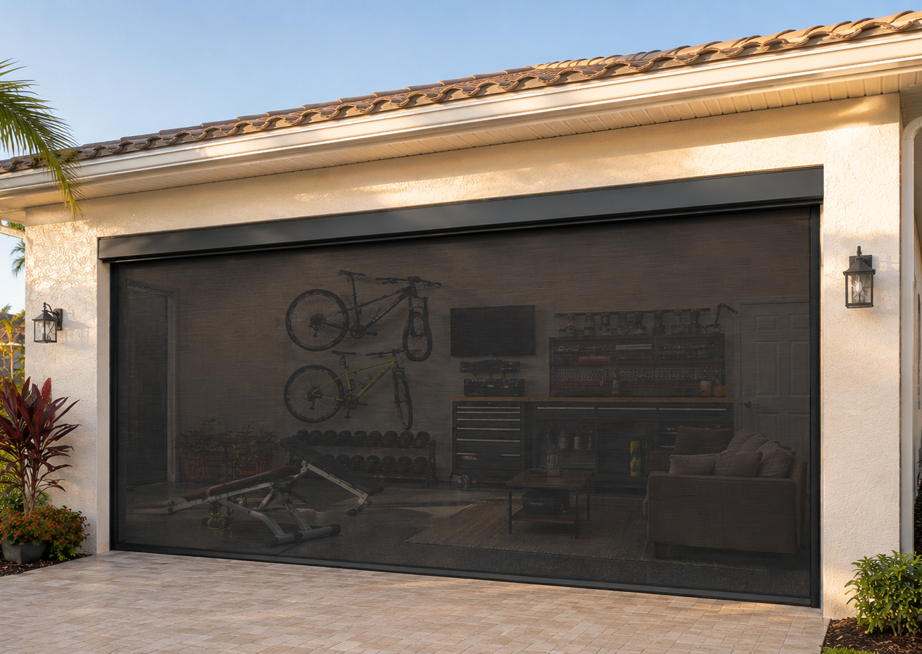 Motorized garage screen installed on a Central Florida home